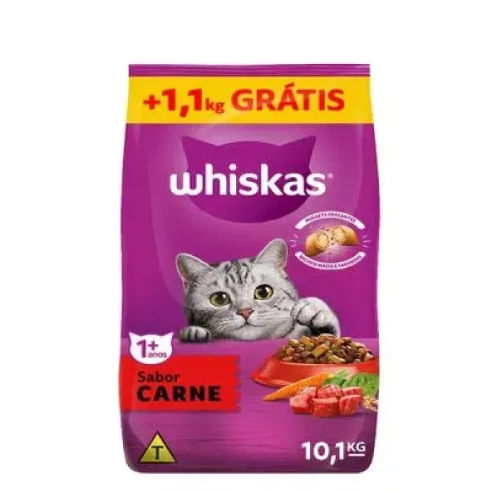 Imagem de Ração Whiskas Gatos Adultos Carne - 500g, 900g, 2,7kg e promoção leve 10kg pague 9k