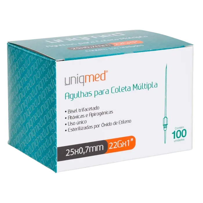 Imagem de Agulha Para Coleta Múltipla 22G 25mm X 0,7mm (1 Pol) Uniqmed - Caixa Com 100 unidades