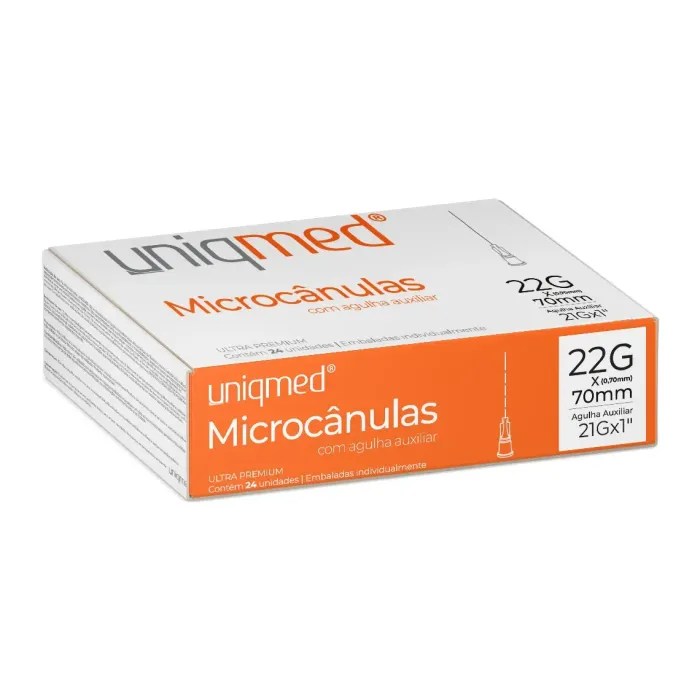 Imagem de Microcânula 22G (0,70mm) 70mm Com Agulha Auxiliar Uniqmed - Caixa Com 24 Unidades