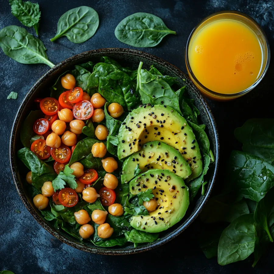 Imagem Salada-de-espinafre-com-grão-de-bico-e-abacate-com-suco-de-laranja