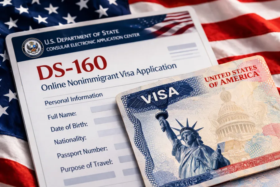 Formulário DS-160 e visto americano utilizados no processo de solicitação de visto para os Estados Unidos.